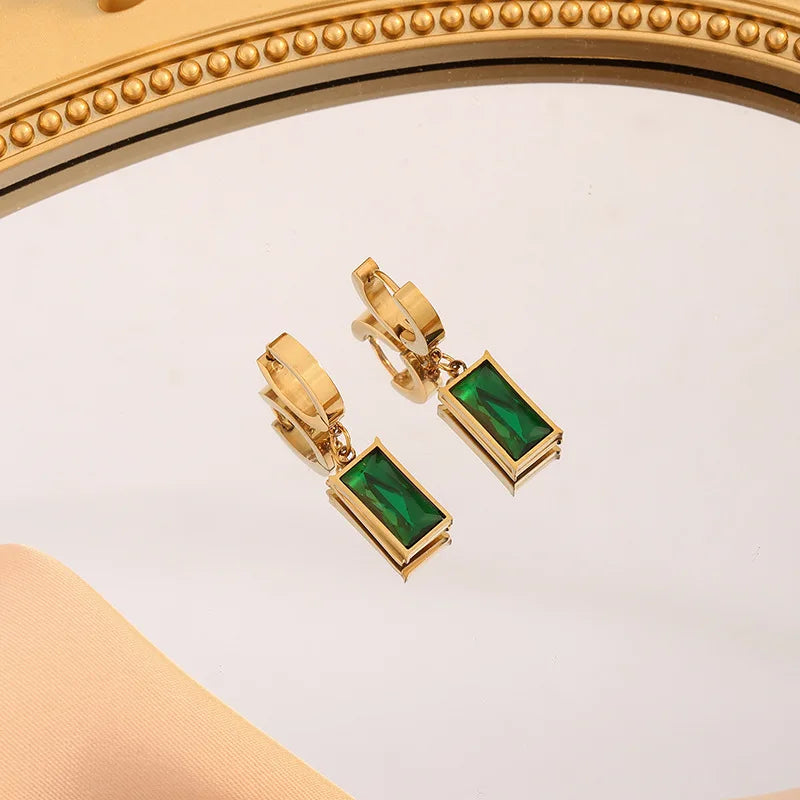 Stainless Steel Green Zircon Square Necklace & Earrings Set – Elegant Non-Fading Jewelry for Women - Everyday Auraa