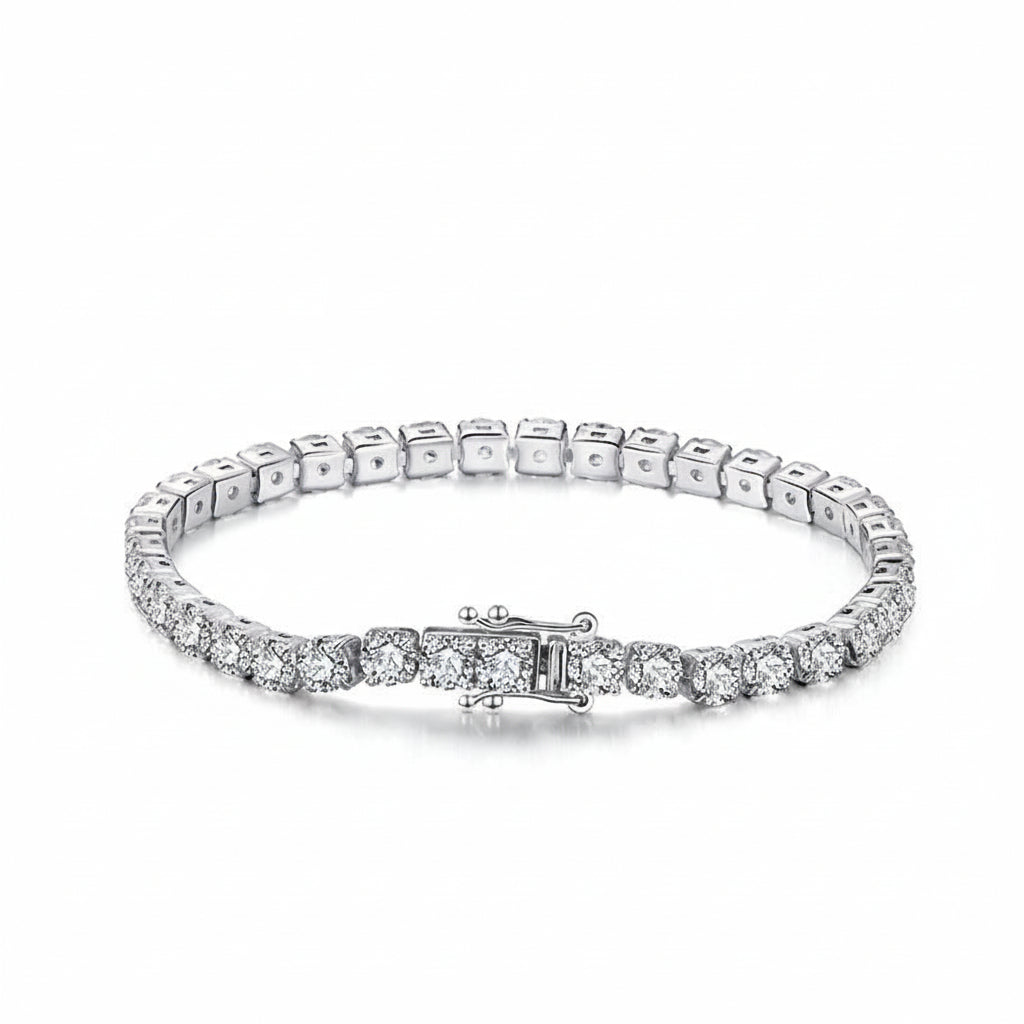 Sterling silver tennis bracelet by Everyday Auraa with elegant minimal sparkle, featuring smooth, polished links for everyday wear.