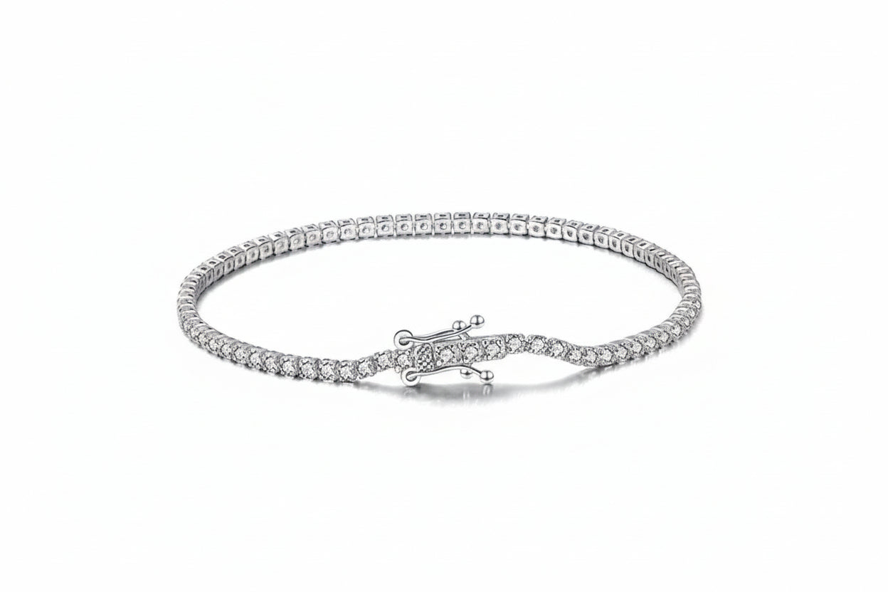 Sterling silver tennis bracelet by Everyday Auraa featuring simple, elegant design with subtle sparkle, perfect for everyday wear.