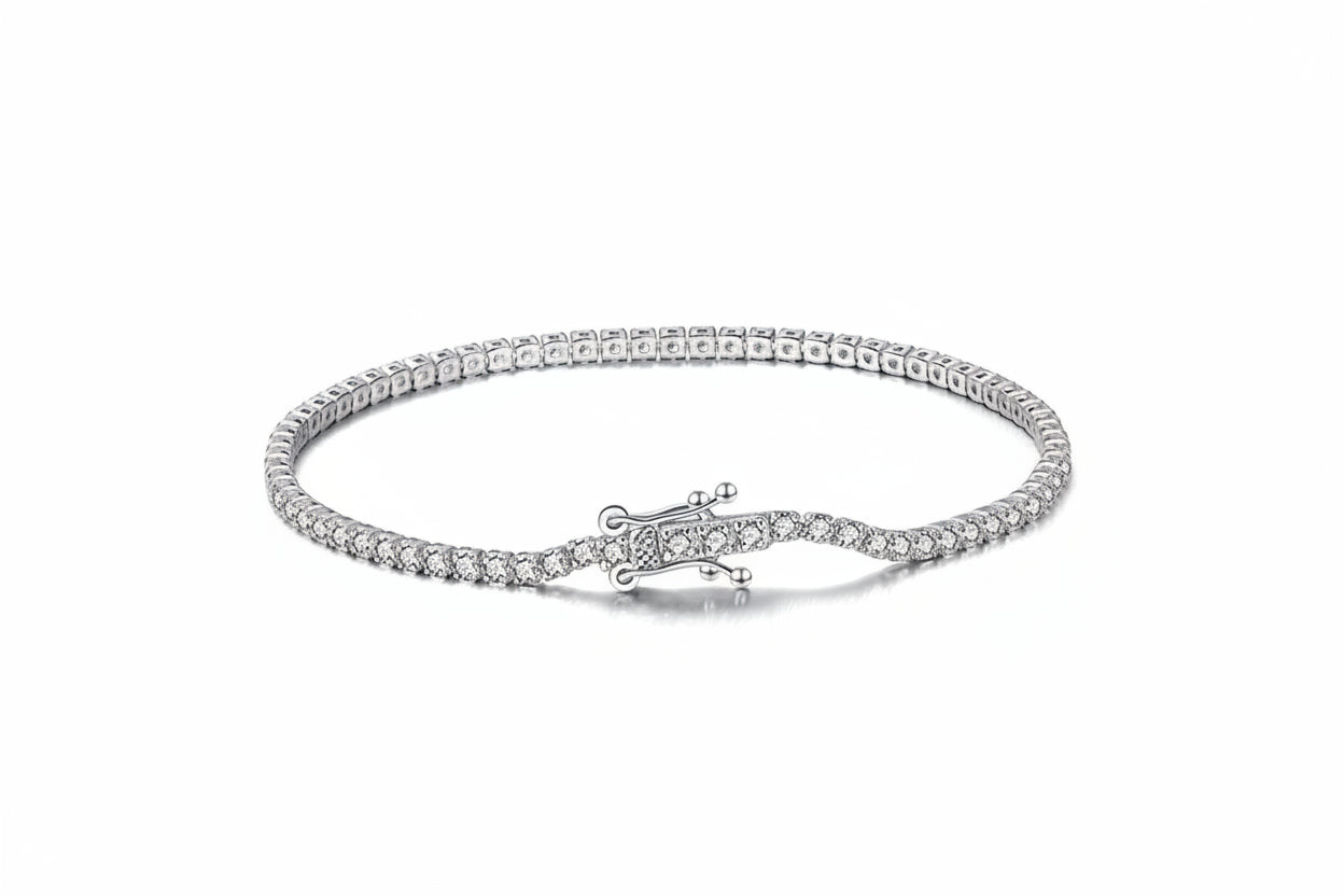 Sterling silver tennis bracelet by Everyday Auraa featuring minimalist design with subtle sparkle for everyday wear