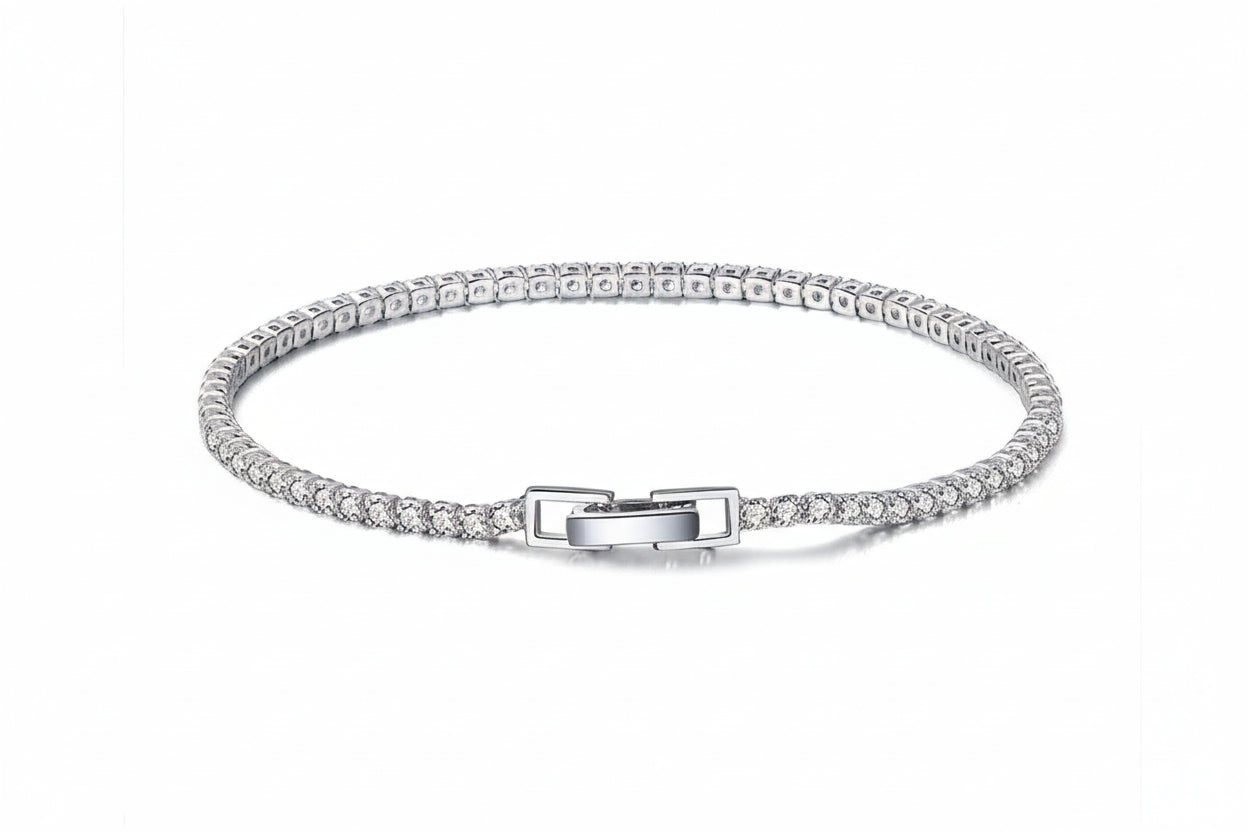 Sterling silver tennis bracelet by Everyday Auraa featuring a sleek, minimal design with subtle sparkle for everyday wear