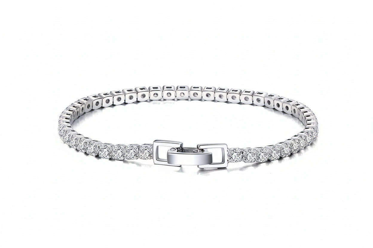 Sterling silver tennis bracelet by Everyday Auraa featuring a sleek, minimal design with subtle sparkling accents.