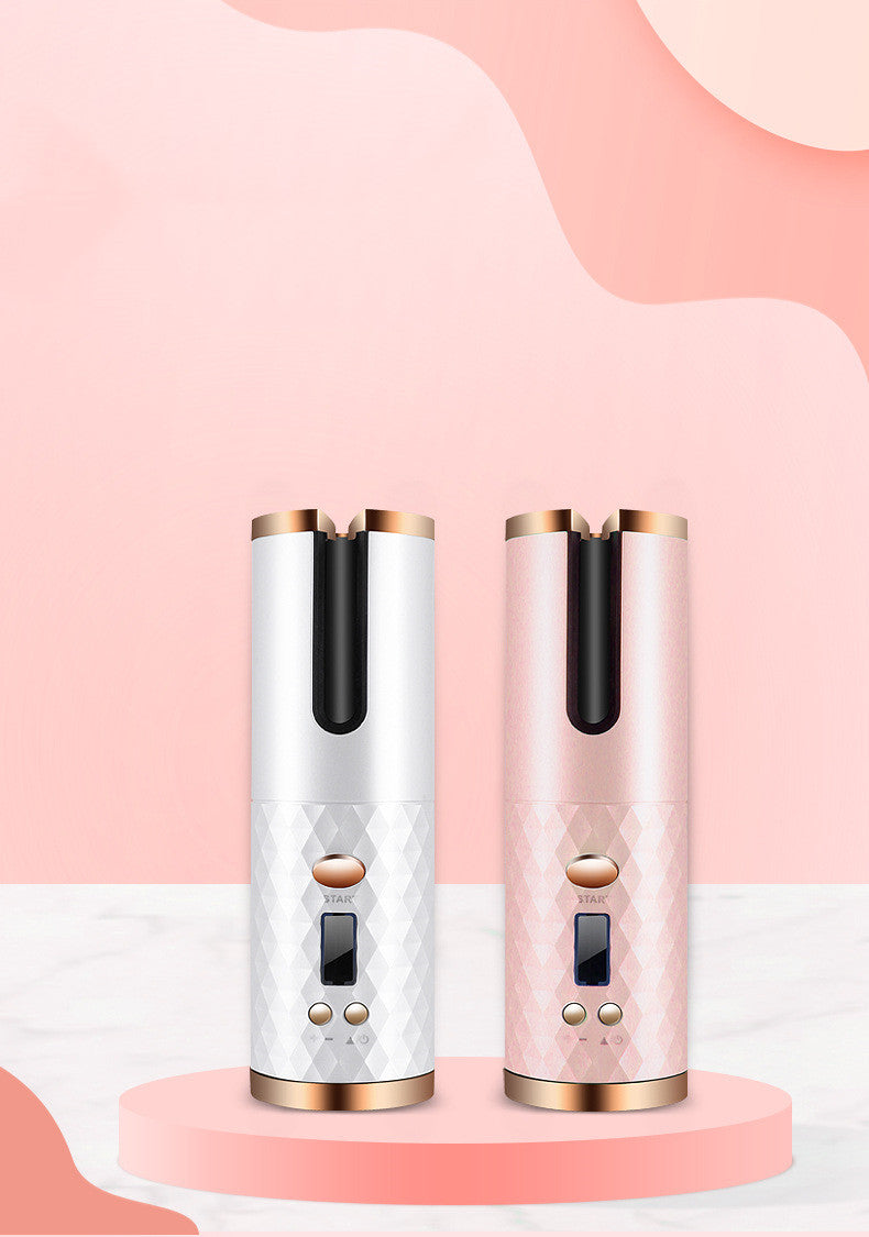 Rechargeable cordless hair curler for women by Everyday Auraa, with LCD display, portable automatic curling iron for salon-quality curls.