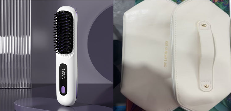 Everyday Auraa 2-in-1 wireless hair straightener brush and curler, portable USB rechargeable hot comb for styling hair.