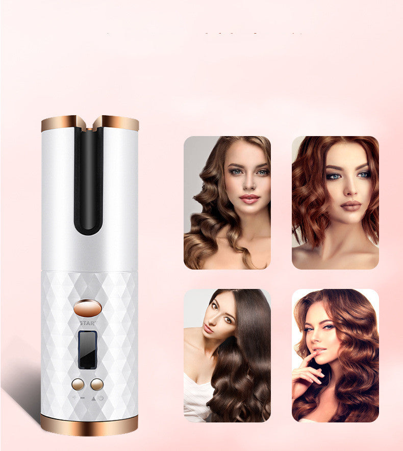 Rechargeable cordless hair curler for women with LCD display, portable automatic curling iron by Everyday Auraa.