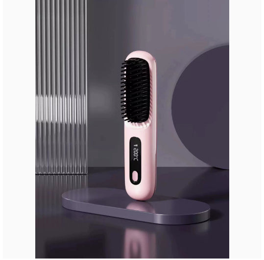 Everyday Auraa 2-in-1 wireless hair straightener brush and curler, portable USB rechargeable hot comb and styling tool.