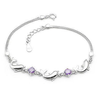 Amethyst dolphin bracelet by Everyday Auraa featuring sterling silver design with a purple gemstone dolphin charm.