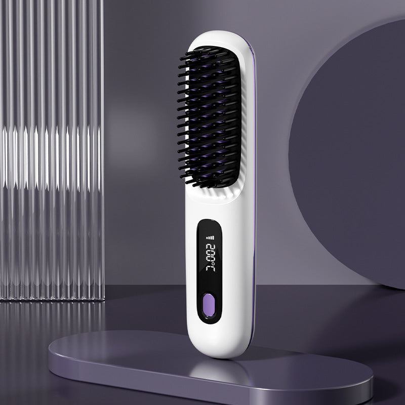 Everyday Auraa 2-in-1 wireless hair straightener brush and curler, portable USB rechargeable hot comb with ceramic plates and ergonomic handle.