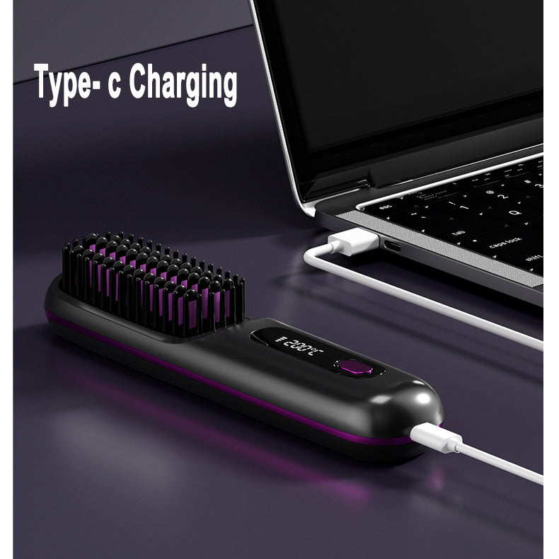 Everyday Auraa 2-in-1 wireless hair straightener brush and curler, portable USB rechargeable hot comb for styling hair.