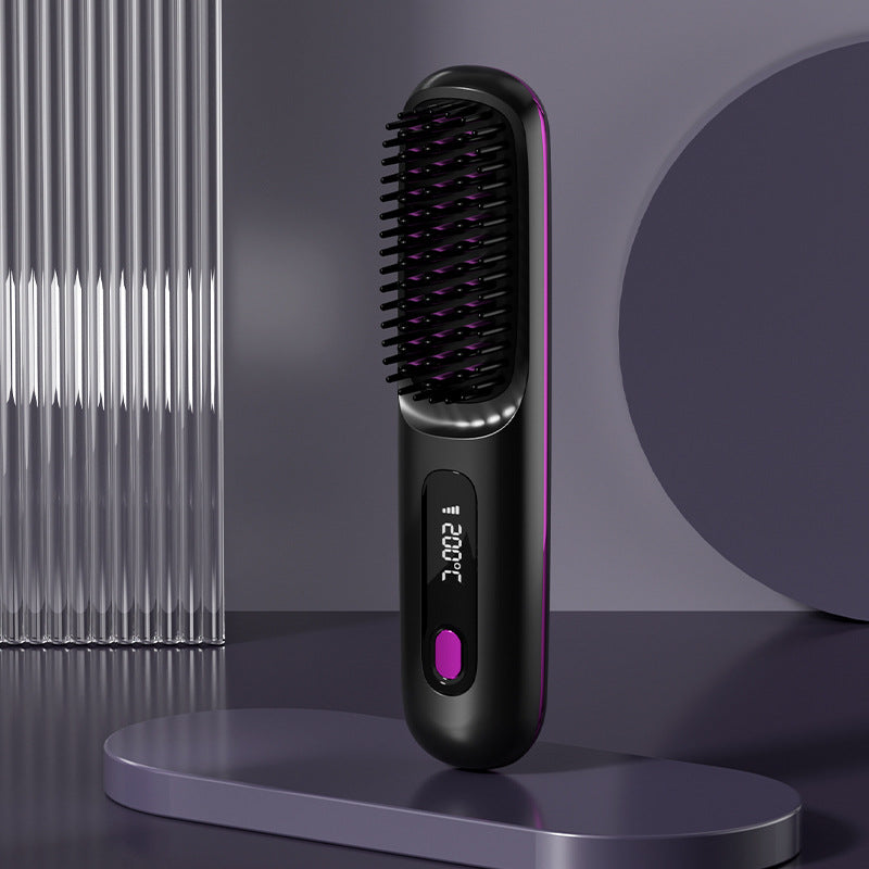 Everyday Auraa 2-in-1 wireless hair straightener brush with hot comb and curler, portable USB rechargeable hair styling tool.