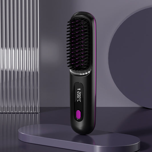 Everyday Auraa 2-in-1 wireless hair straightener brush with hot comb and curler, portable USB rechargeable hair styling tool.