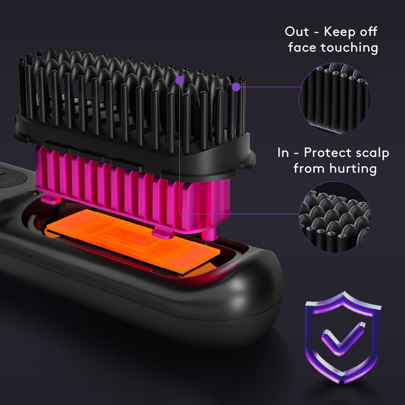 Everyday Auraa 2-in-1 wireless hair straightener brush and curler showing a portable USB rechargeable hot comb in use.