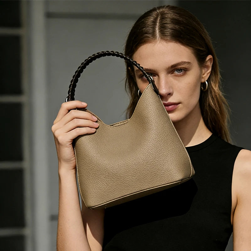 Genuine cowhide leather hobo bag for women, soft slouchy shoulder crossbody bucket handbag with large capacity by Everyday Auraa.