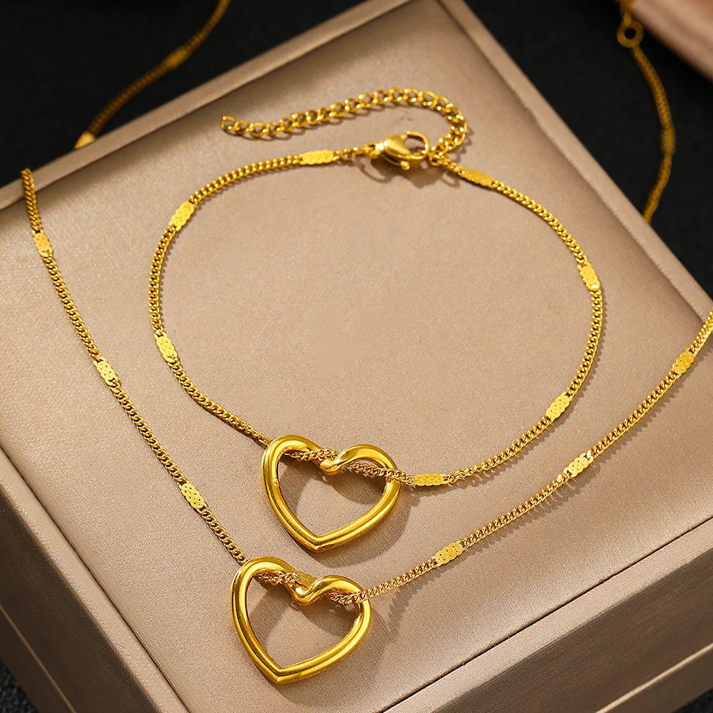 Stainless Steel Twisted Heart Necklace & Earrings Set – Elegant Luxury Anniversary Jewelry for Women - Everyday Auraa