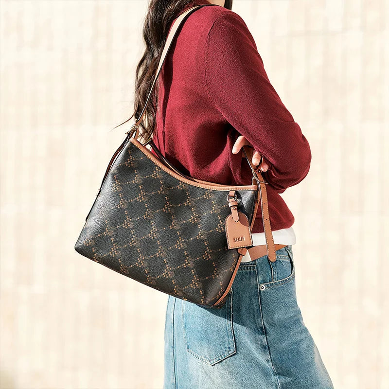 Women’s vintage monogram tote bag by Everyday Auraa, textured leather shoulder and crossbody handbag for work and daily use.