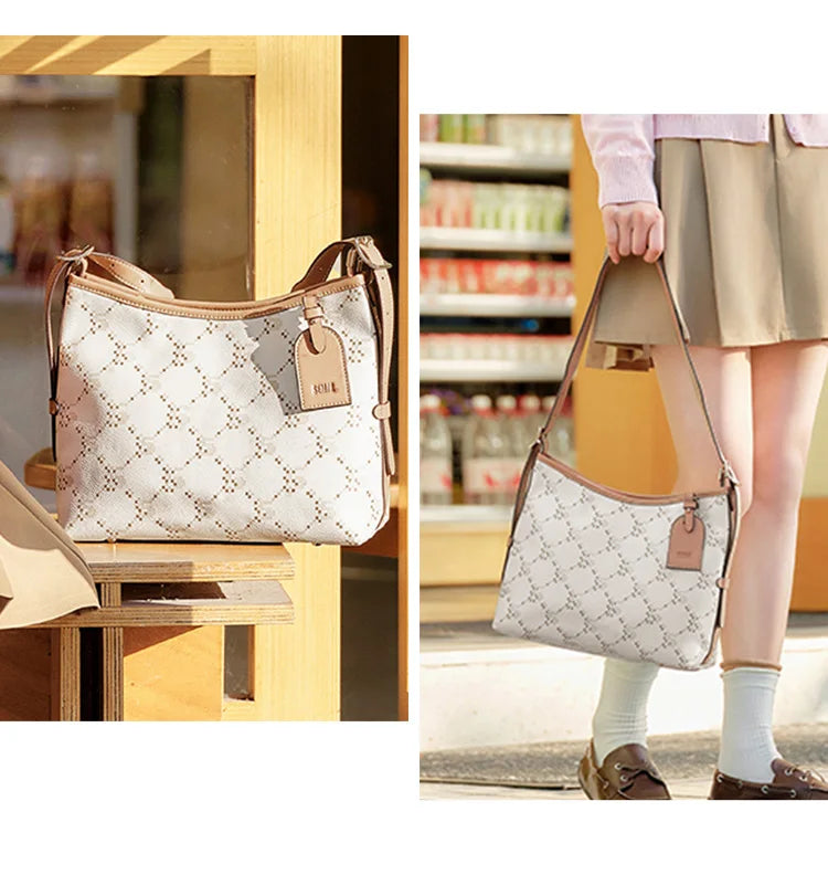 Women’s vintage monogram tote bag by Everyday Auraa, textured shoulder handbag with crossbody strap for work and daily use.