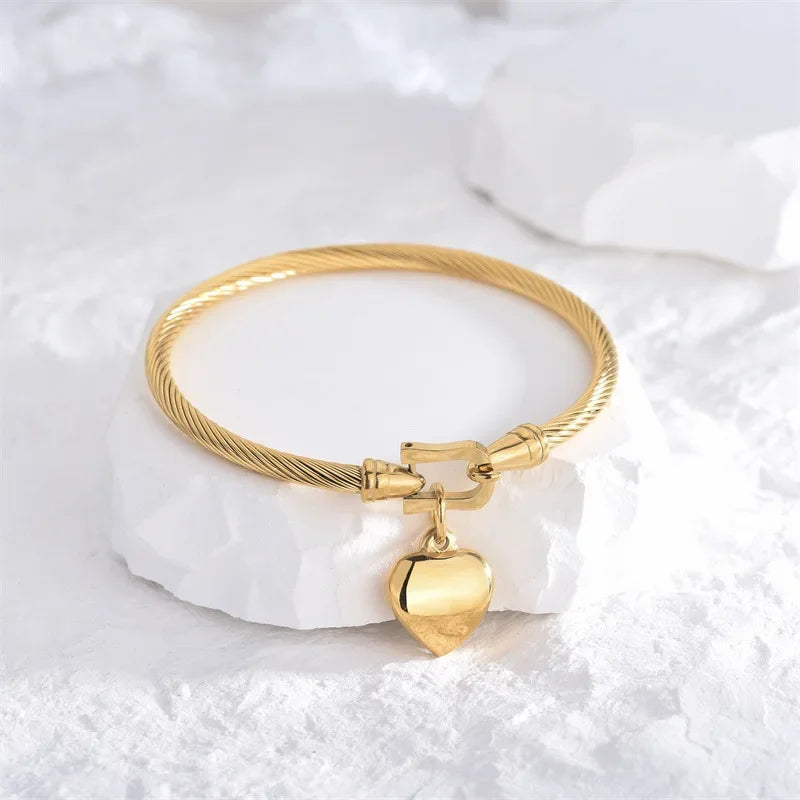 18k Gold Color Stainless Steel Heart Pendant Charm Bangle Bracelets for Men Women - Everyday Auraa