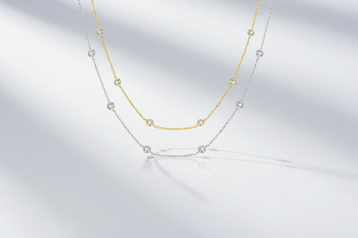 Moissanite Station Necklace – 925 Sterling Silver 18K Gold Plated Layering Choker | D Color VVS1 Diamond-Cut - Everyday Auraa