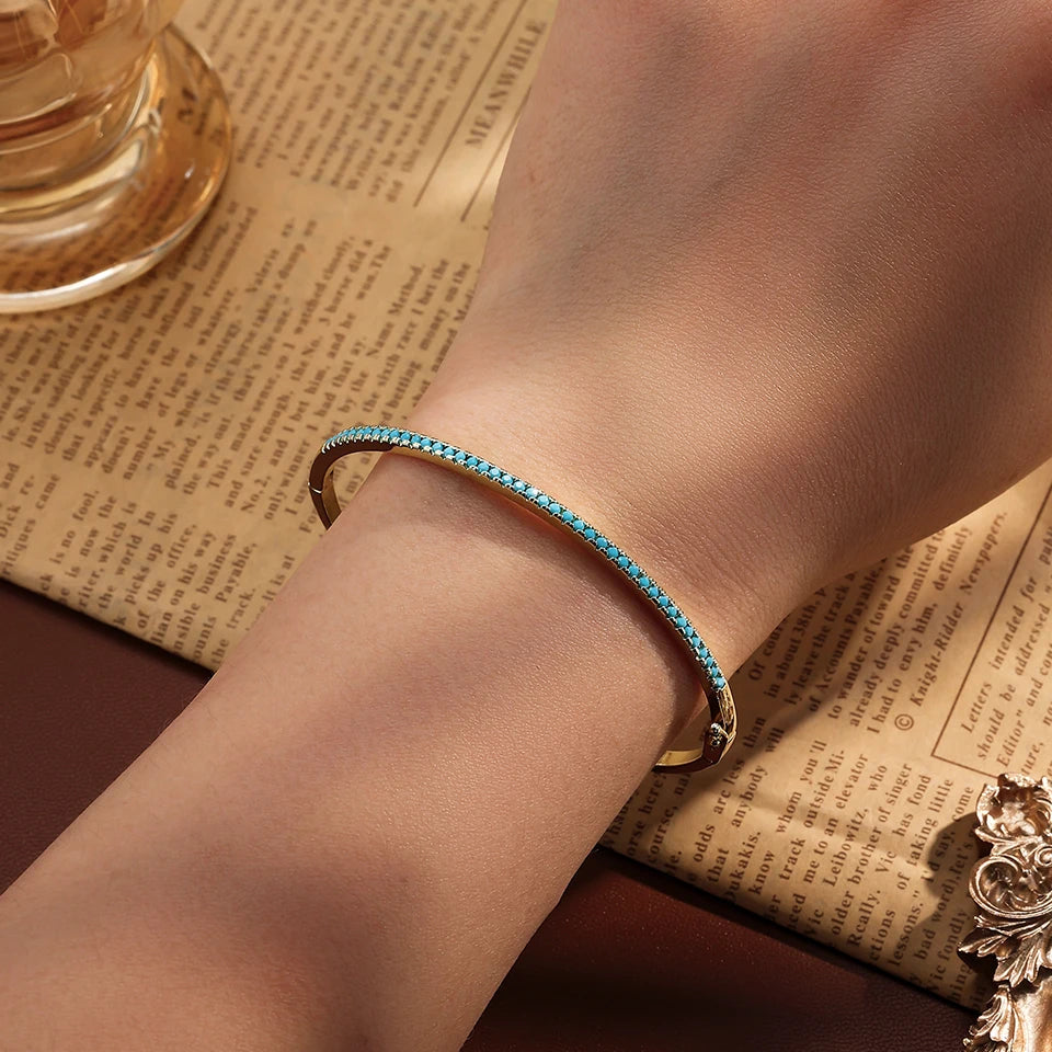 Blue Turquoise CZ Tennis Cuff Bracelet – Shiny Zircon Geometric Bangle | Elegant Statement Jewelry for Women - Everyday Auraa