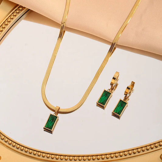 Stainless Steel Green Zircon Square Necklace & Earrings Set – Elegant Non-Fading Jewelry for Women - Everyday Auraa