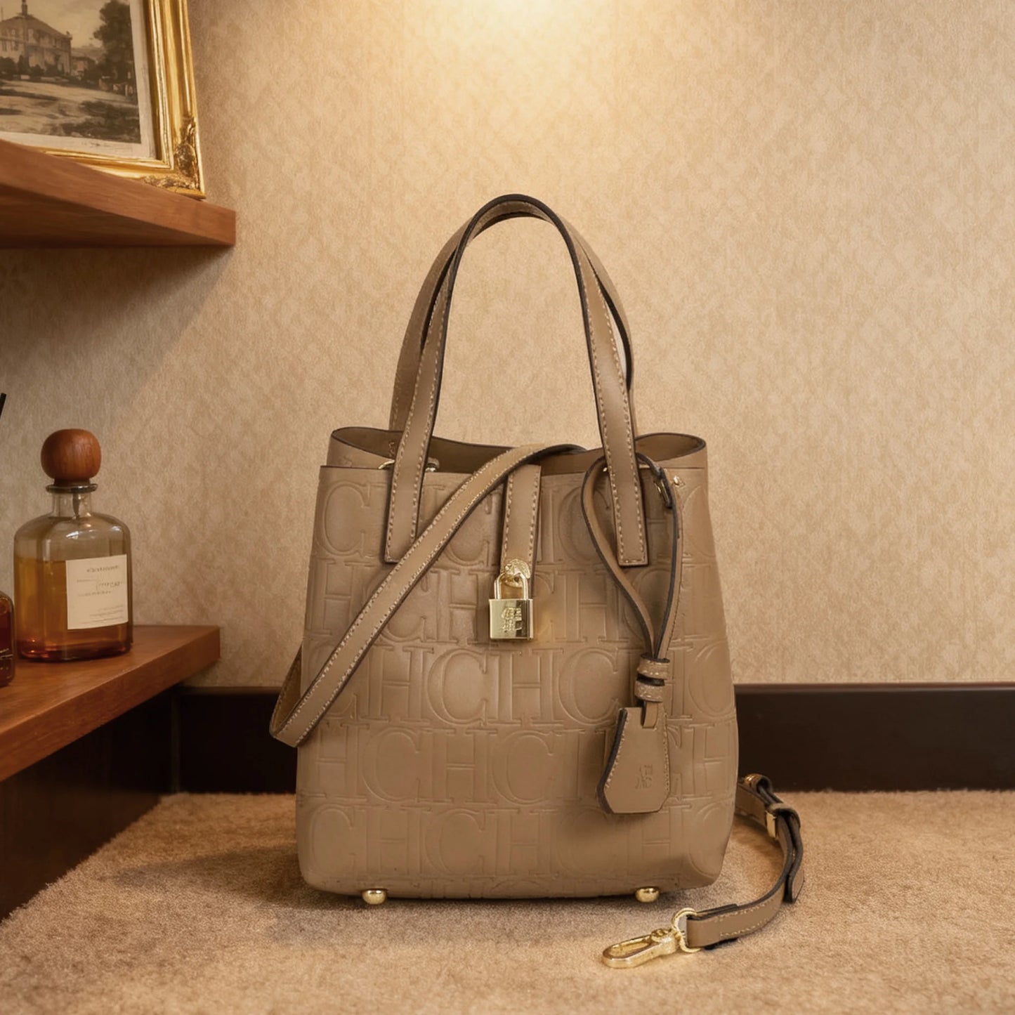 Everyday Auraa women's embossed leather crossbody tote bag with letter design, large capacity, elegant shoulder purse.