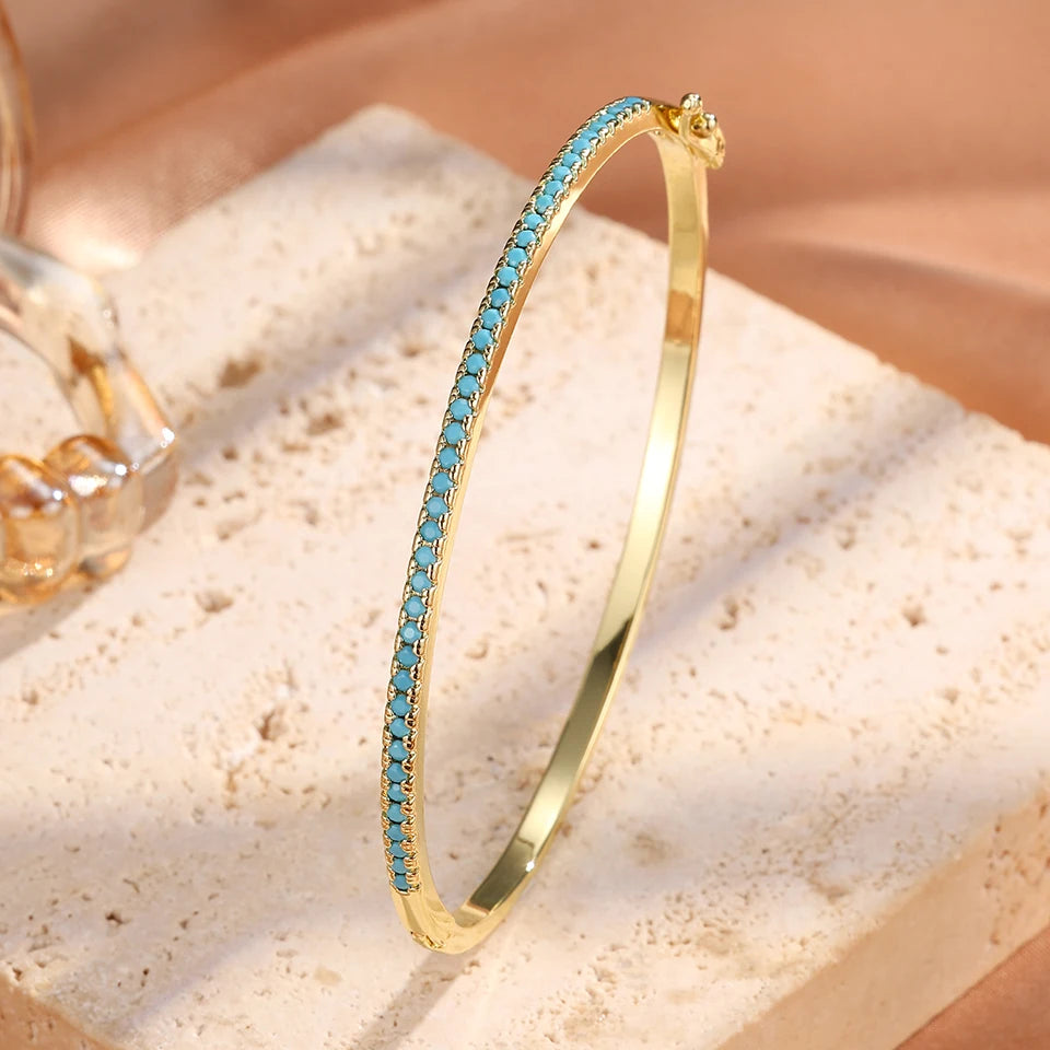 Blue Turquoise CZ Tennis Cuff Bracelet – Shiny Zircon Geometric Bangle | Elegant Statement Jewelry for Women - Everyday Auraa