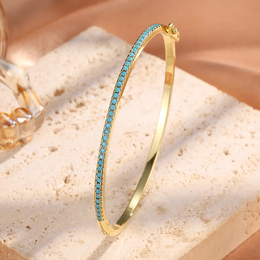 Blue Turquoise CZ Tennis Cuff Bracelet – Shiny Zircon Geometric Bangle | Elegant Statement Jewelry for Women - Everyday Auraa