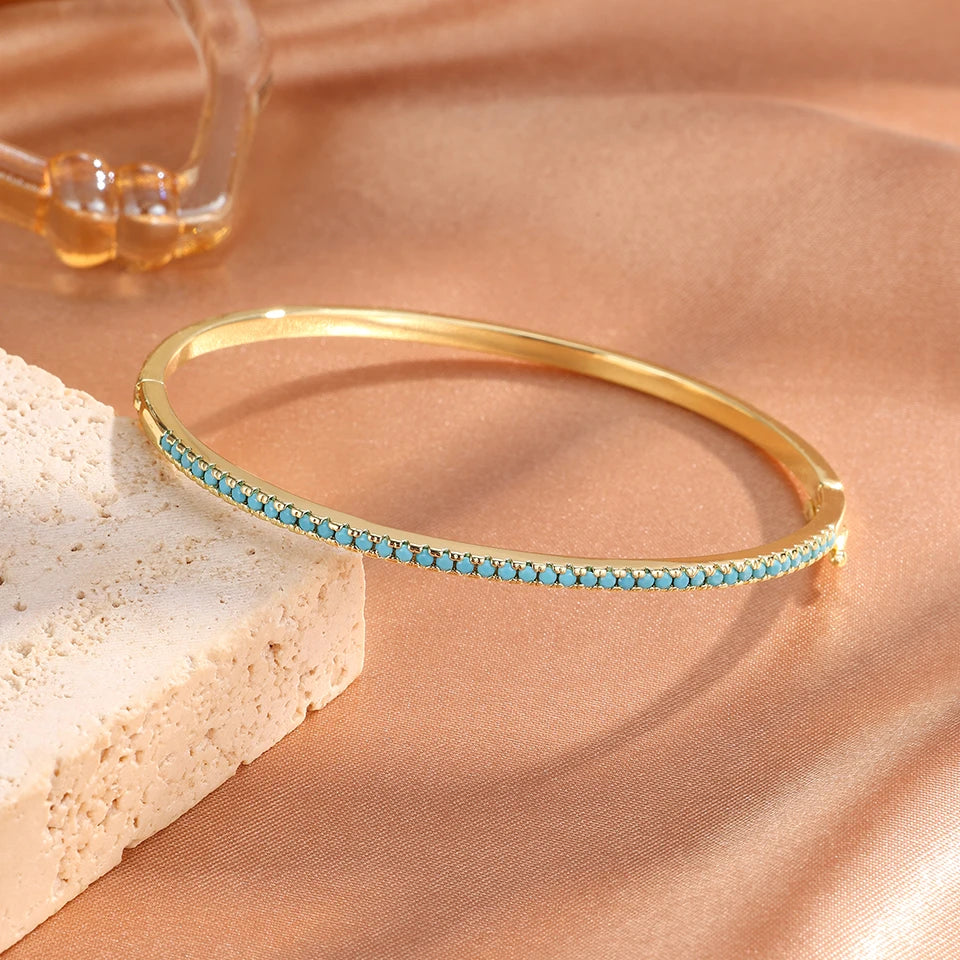 Blue Turquoise CZ Tennis Cuff Bracelet – Shiny Zircon Geometric Bangle | Elegant Statement Jewelry for Women - Everyday Auraa