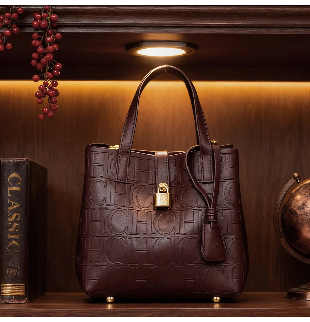 Elegant CH embossed women's crossbody tote bag with letter design, large capacity, and shoulder strap from Everyday Auraa.