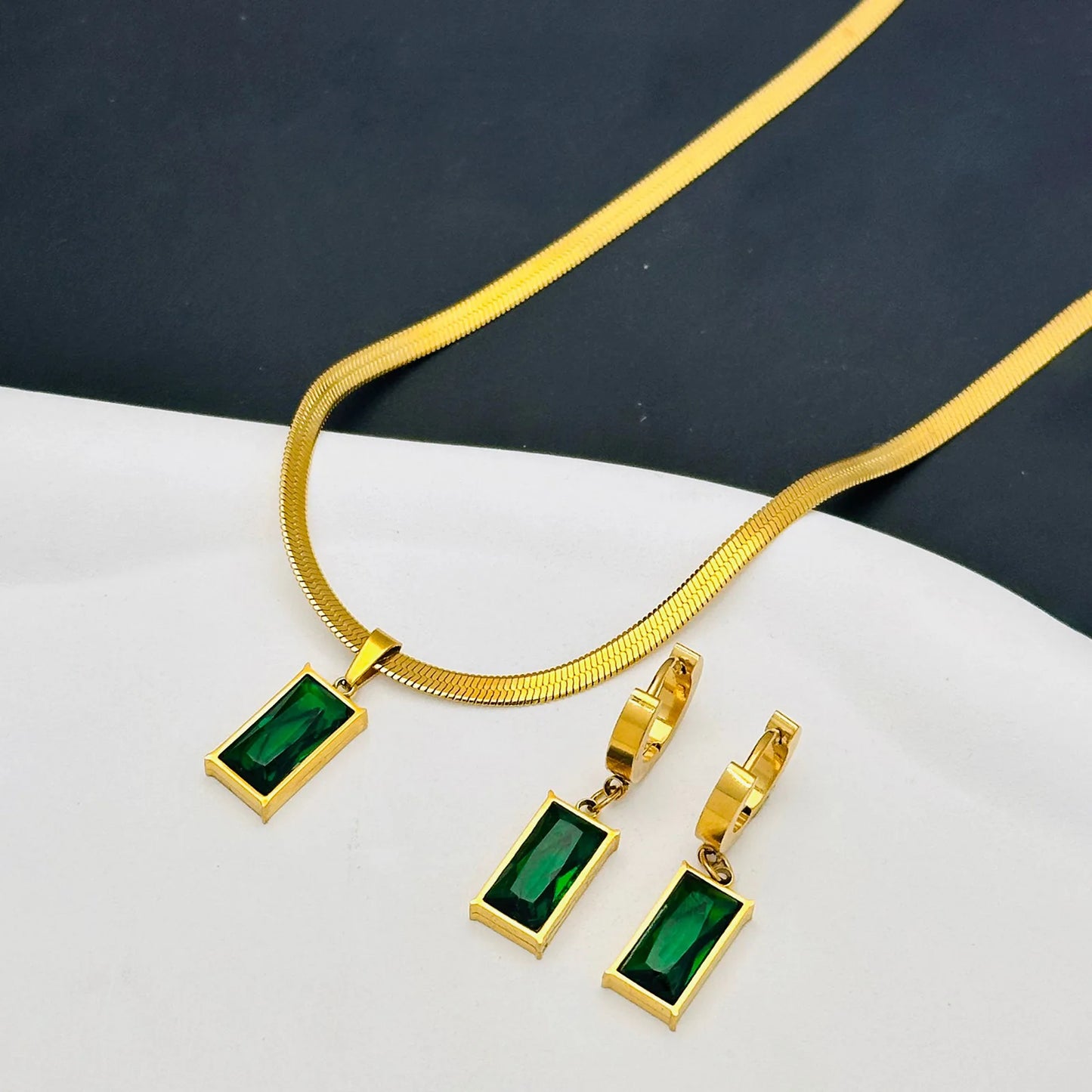 Stainless Steel Green Zircon Square Necklace & Earrings Set – Elegant Non-Fading Jewelry for Women - Everyday Auraa
