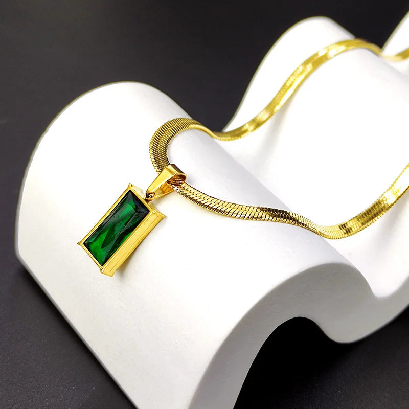 Stainless Steel Green Zircon Square Necklace & Earrings Set – Elegant Non-Fading Jewelry for Women - Everyday Auraa