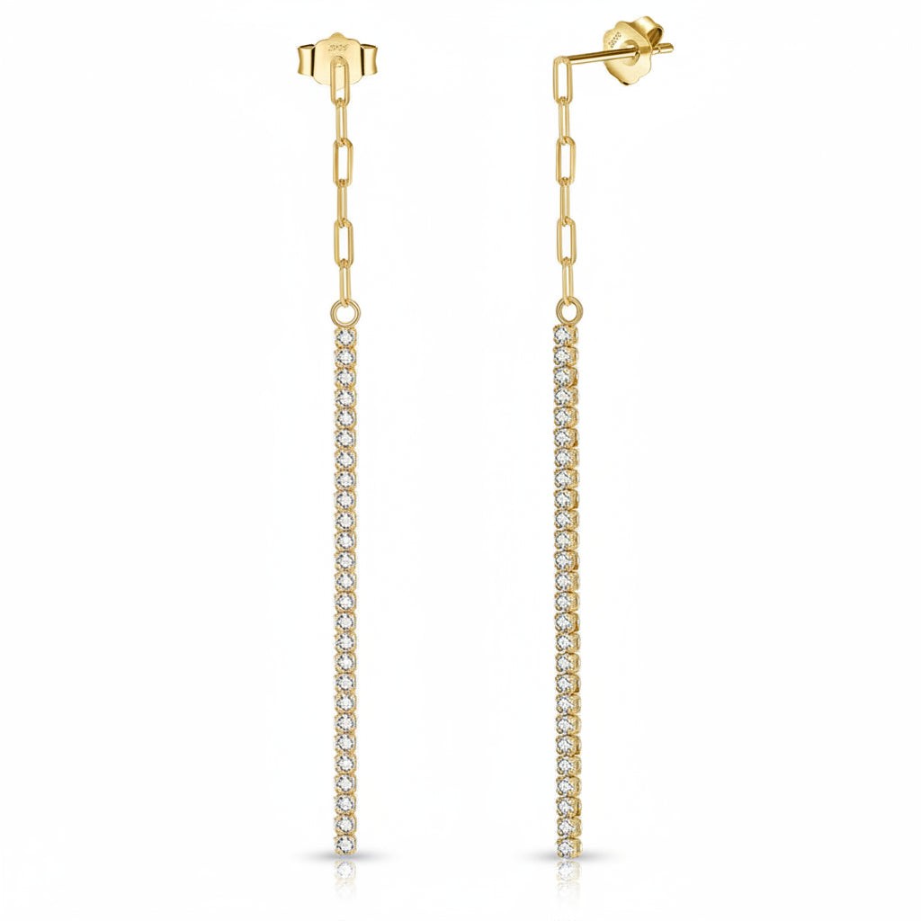 Gold chain earrings with diamond-like stones on a white background, featuring a 'Sterling 925' stamp.