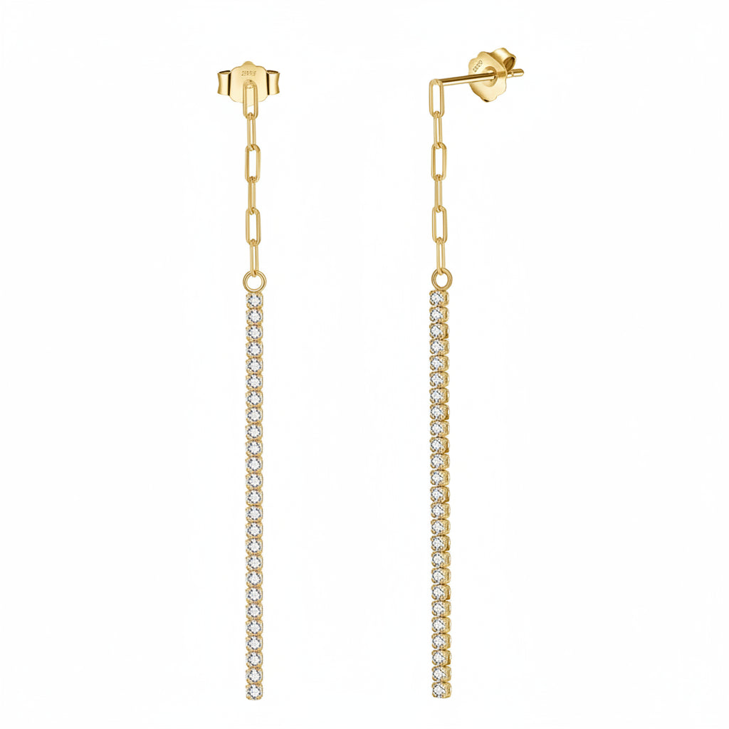 Gold chain earrings with diamond-like stones