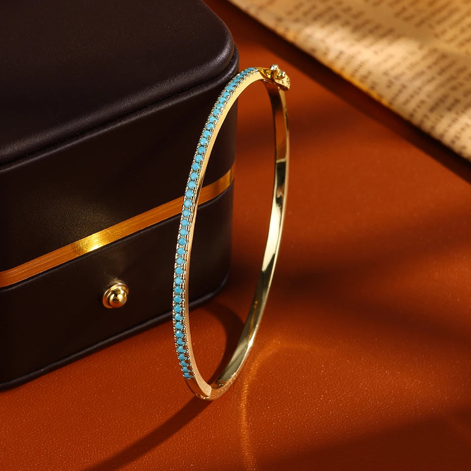 Blue Turquoise CZ Tennis Cuff Bracelet – Shiny Zircon Geometric Bangle | Elegant Statement Jewelry for Women - Everyday Auraa