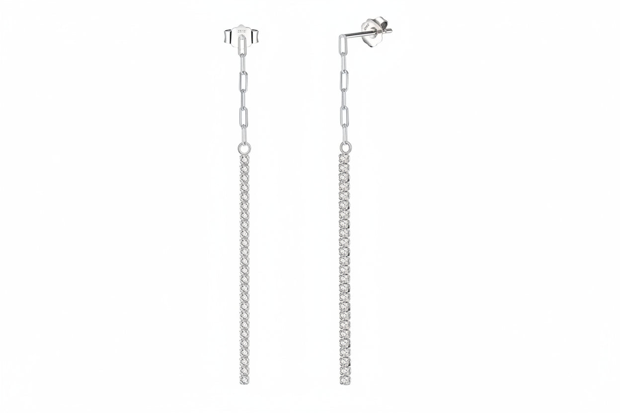 Silver chain earrings with a 'Sterling 925' stamp on a white background