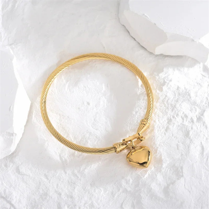 18k Gold Color Stainless Steel Heart Pendant Charm Bangle Bracelets for Men Women - Everyday Auraa
