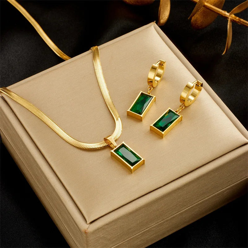 Stainless Steel Green Zircon Square Necklace & Earrings Set – Elegant Non-Fading Jewelry for Women - Everyday Auraa