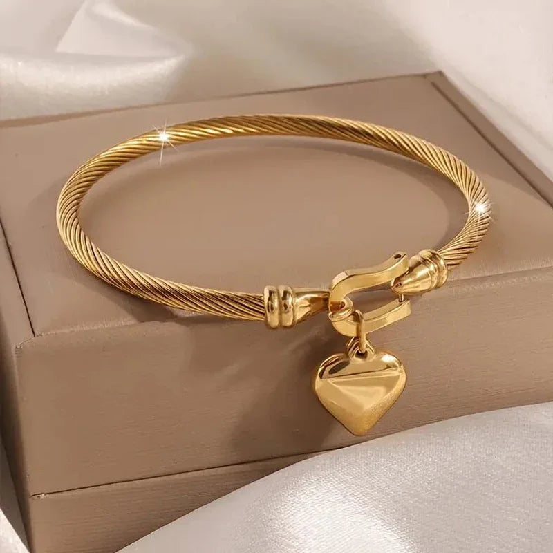 18k Gold Color Stainless Steel Heart Pendant Charm Bangle Bracelets for Men Women - Everyday Auraa