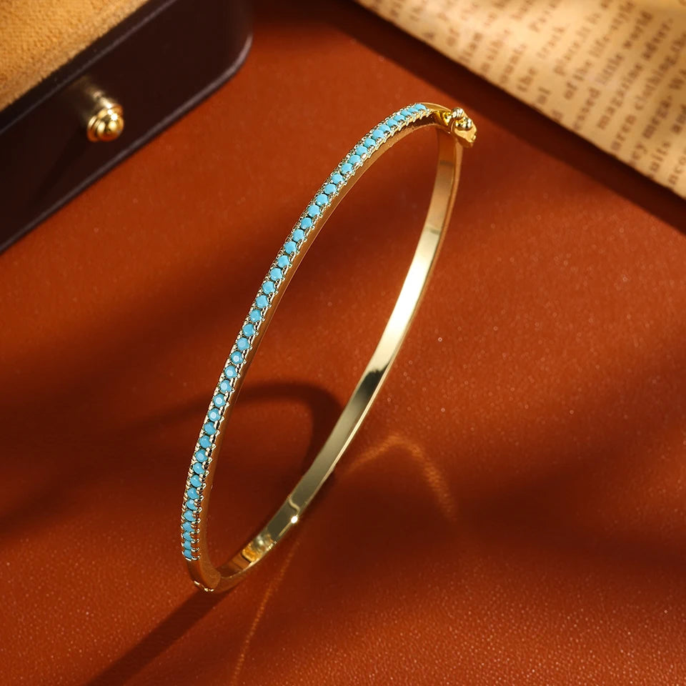 Blue Turquoise CZ Tennis Cuff Bracelet – Shiny Zircon Geometric Bangle | Elegant Statement Jewelry for Women - Everyday Auraa