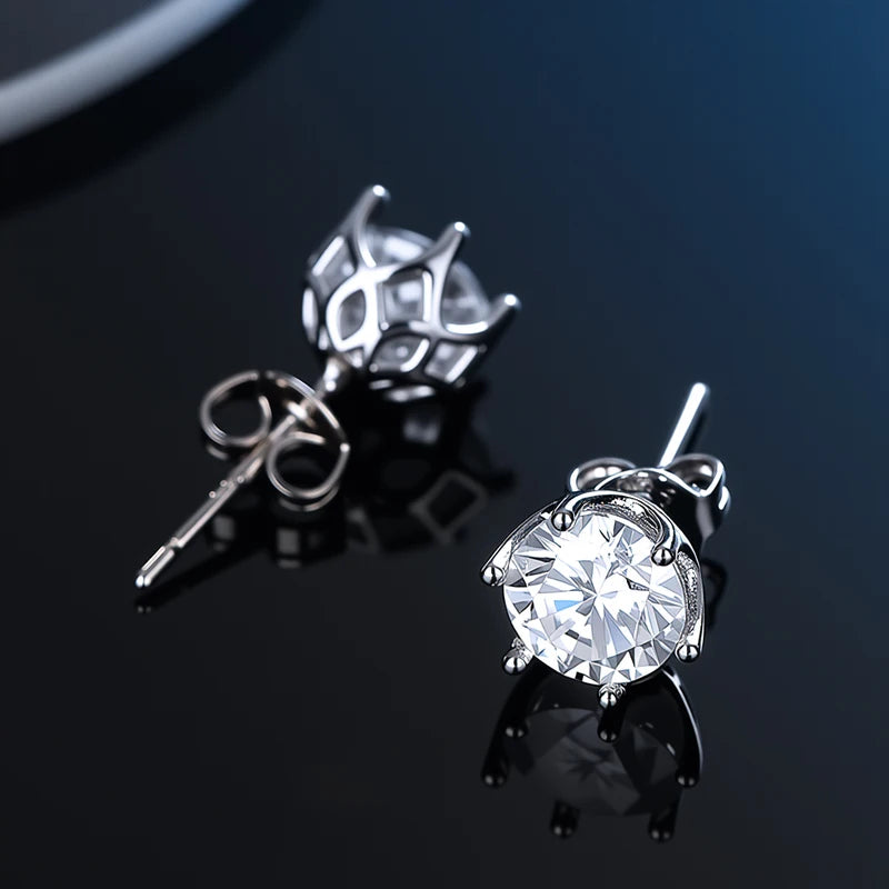 S925 sterling silver moissanite stud earrings with VVS1 clarity and D color, unisex diamond look, from Everyday Auraa.