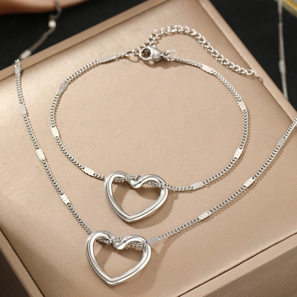 Stainless Steel Twisted Heart Necklace & Earrings Set – Elegant Luxury Anniversary Jewelry for Women - Everyday Auraa