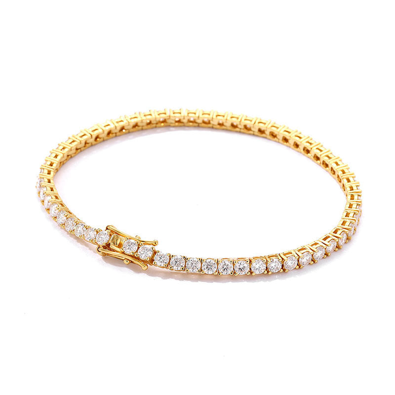 Moissanite tennis bracelet in 925 silver with yellow gold finish, featuring sparkling gemstones, by Everyday Auraa.