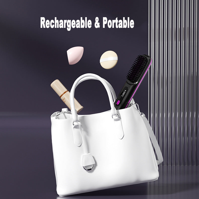 Everyday Auraa 2-in-1 wireless hair straightener brush and hot comb with curler, portable USB rechargeable hair styling tool.
