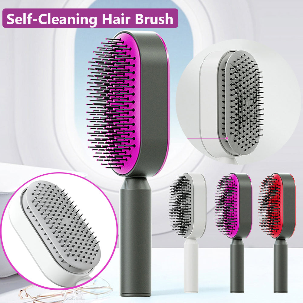 Everyday Auraa self-cleaning hair brush with air cushion, scalp massage comb, anti-static detangler for women, close-up shot