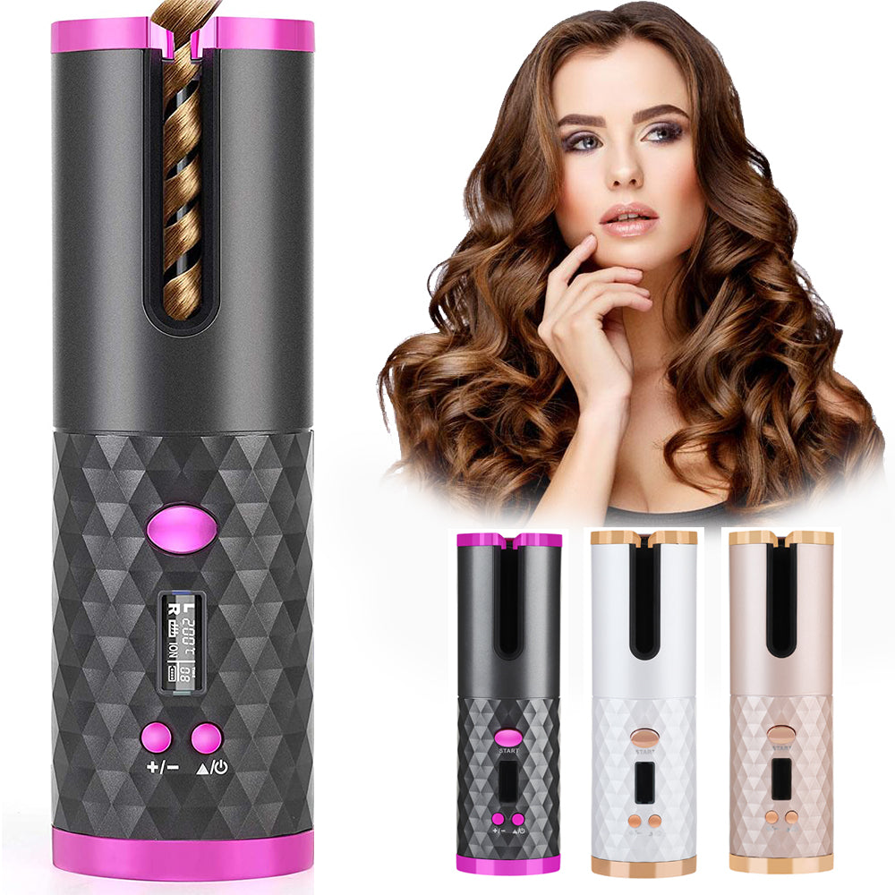Everyday Auraa rechargeable cordless automatic hair curler with LCD display, showcasing a sleek curling iron for women.