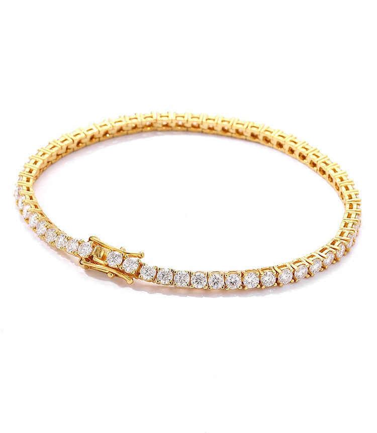Moissanite tennis bracelet in 925 silver with yellow gold finish, featuring sparkling gemstones and elegant craftsmanship.