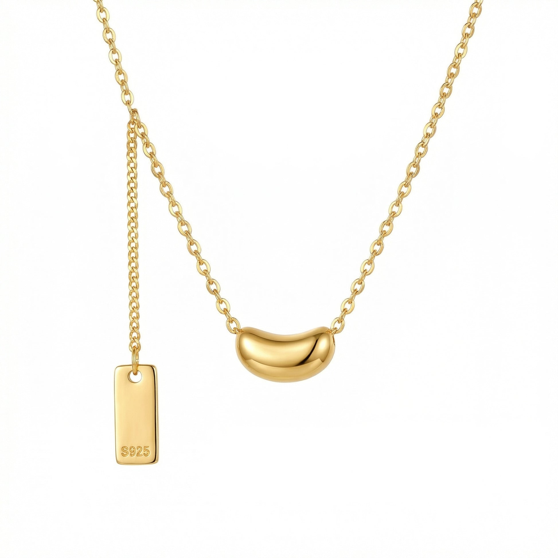 Sterling silver minimalist bean pendant necklace with dainty chain and S925 hallmark tag, by Everyday Auraa.