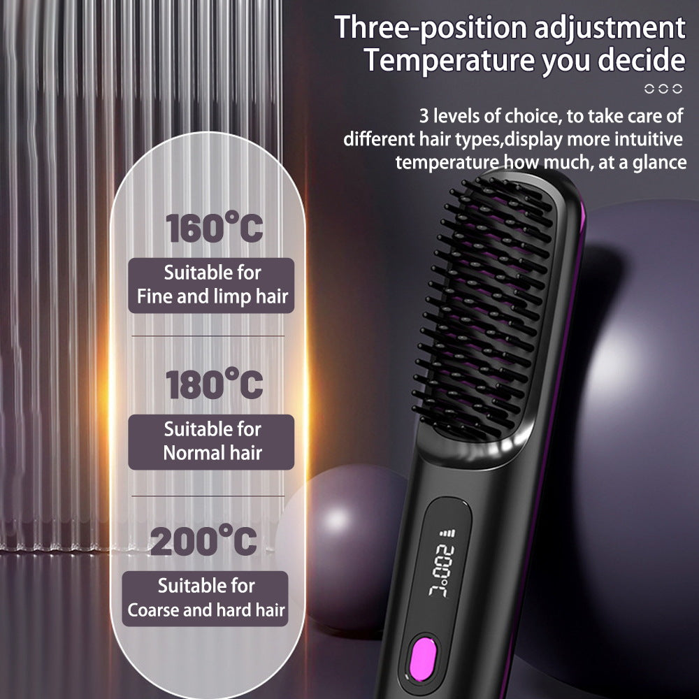 Everyday Auraa 2-in-1 wireless hair straightener brush and curler, portable USB rechargeable hot comb for styling hair.